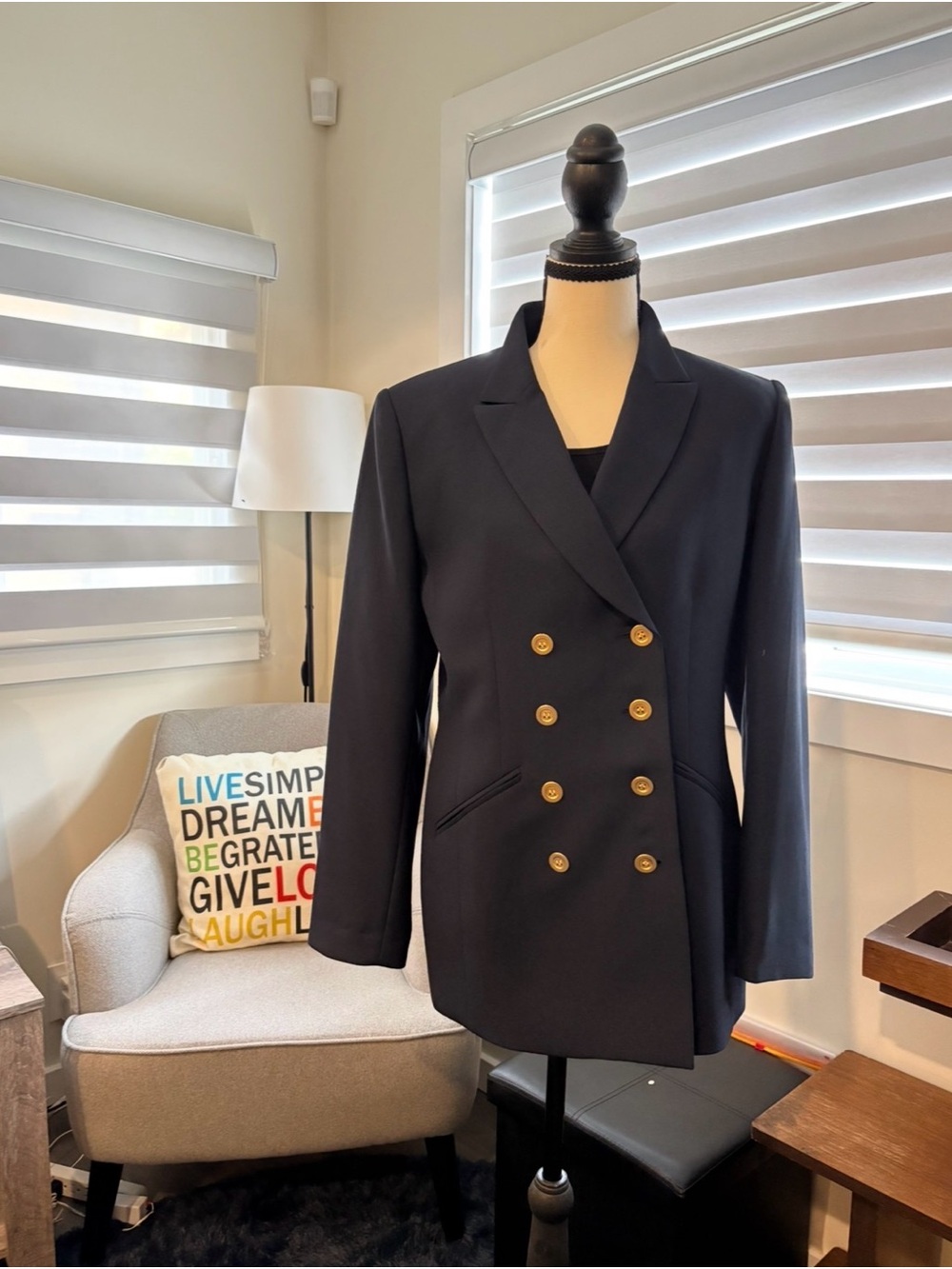 Le Suit Double-Breasted Navy Blazer with Gold Buttons